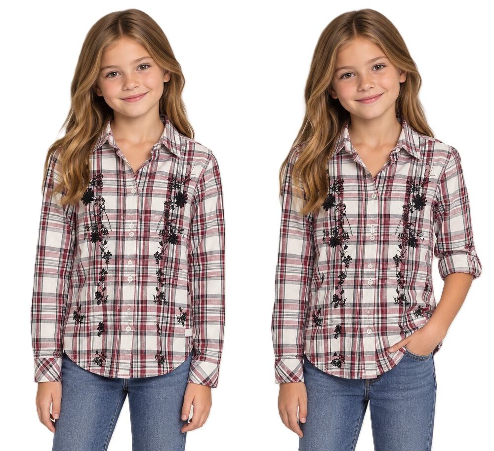 7 For All Mankind Girls Red Plaid Shirt Adjustable Sleeve